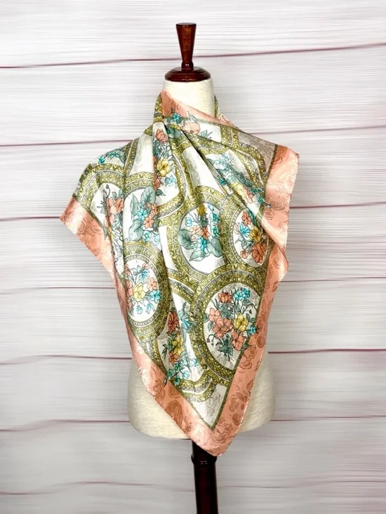 Silk Jacquard Square Scarf White Peach Floral Medallion Print Hand Rolled 29x29" - Picture 3 of 10